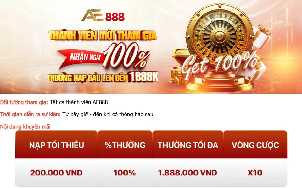 Ưu đãi tặng 100% nạp lần đầu áp dụng toàn sảnh game AE888